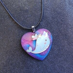 Colorful swirl narwhal heart pendant on 22" black cord necklace pink blue new